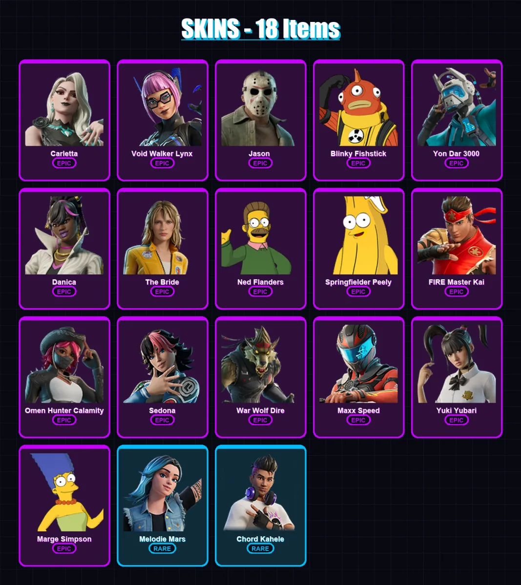 [PC/XBOX/PSN] | Carletta | Void Walker Lynx | Jason  | Blinky Fishstick | Yon Dar 3000 | 18 skin | 18 pickaxe | 12 emote | 9 glider | Lv77