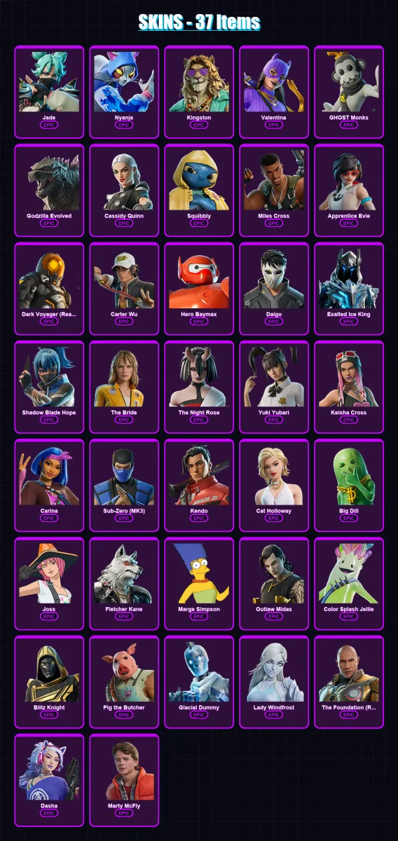 [PS4/PS5/XBOX/PC] | Jade | Nyanja | Kingston | Valentina | GHOST Monks | 37 skin | 80 pickaxe | 49 emote | 54 glider | Lv633