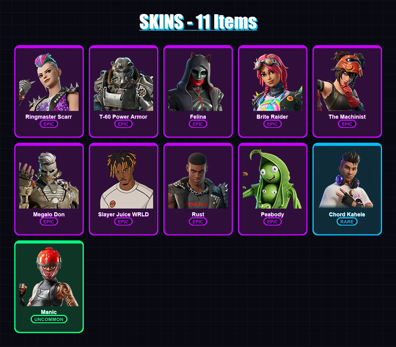 [PC/XBOX] | Ringmaster Scarr | T-60 Power Armor | Felina | Brite Raider | The Machinist | 11 skin | 18 pickaxe | 16 emote | 19 glider | Lv284