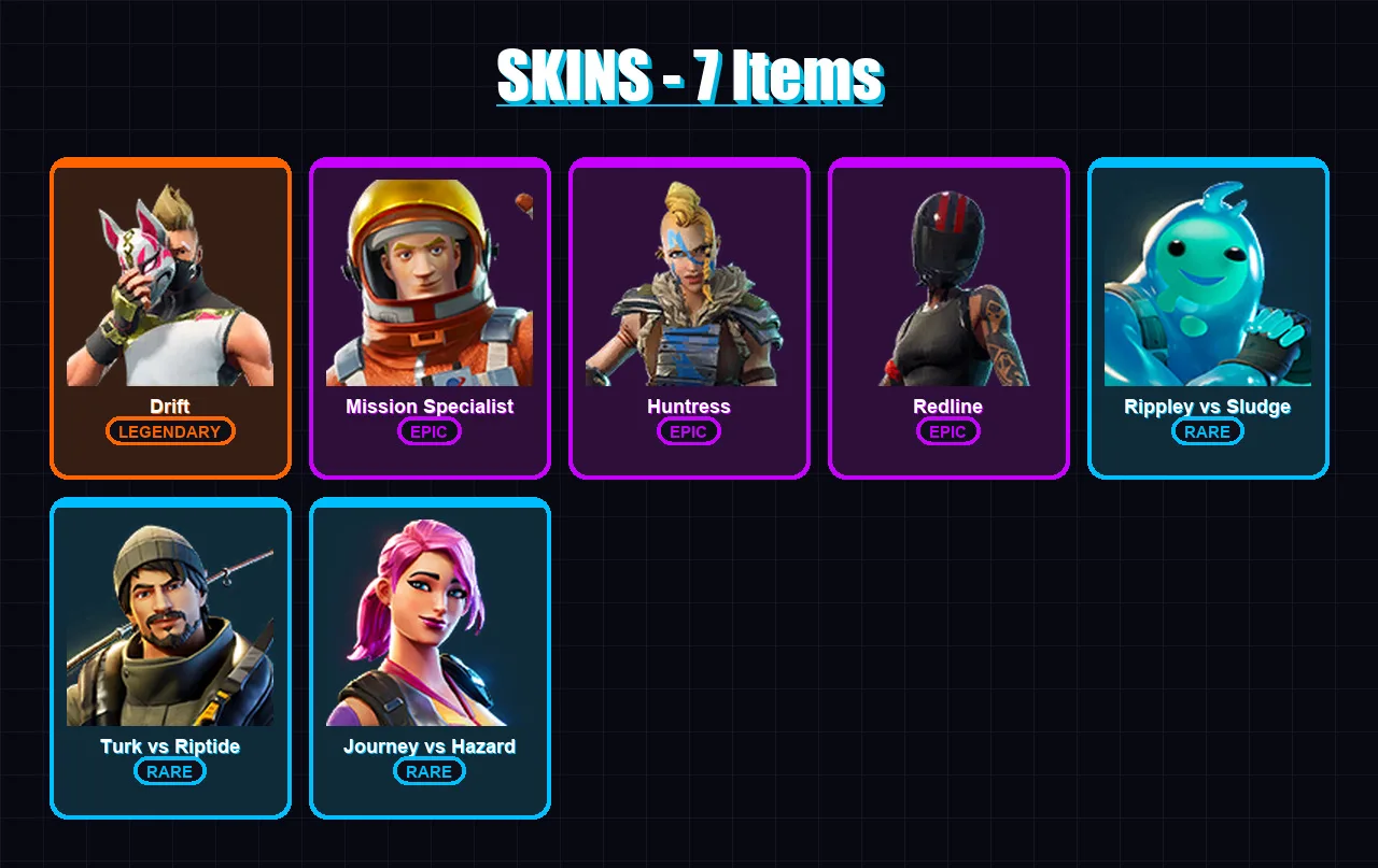 [PC/XBOX/PSN] | Drift | Mission Specialist | Huntress | Redline | Rippley vs Sludge | 7 skin | 6 pickaxe | 10 emote | 6 glider | Lv102