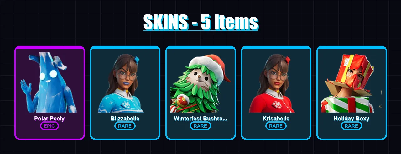 [PC/XBOX] | Polar Peely | Blizzabelle | Winterfest Bushranger | Krisabelle | Holiday Boxy | 5 skin | 11 pickaxe | 12 emote | 15 glider | Lv141