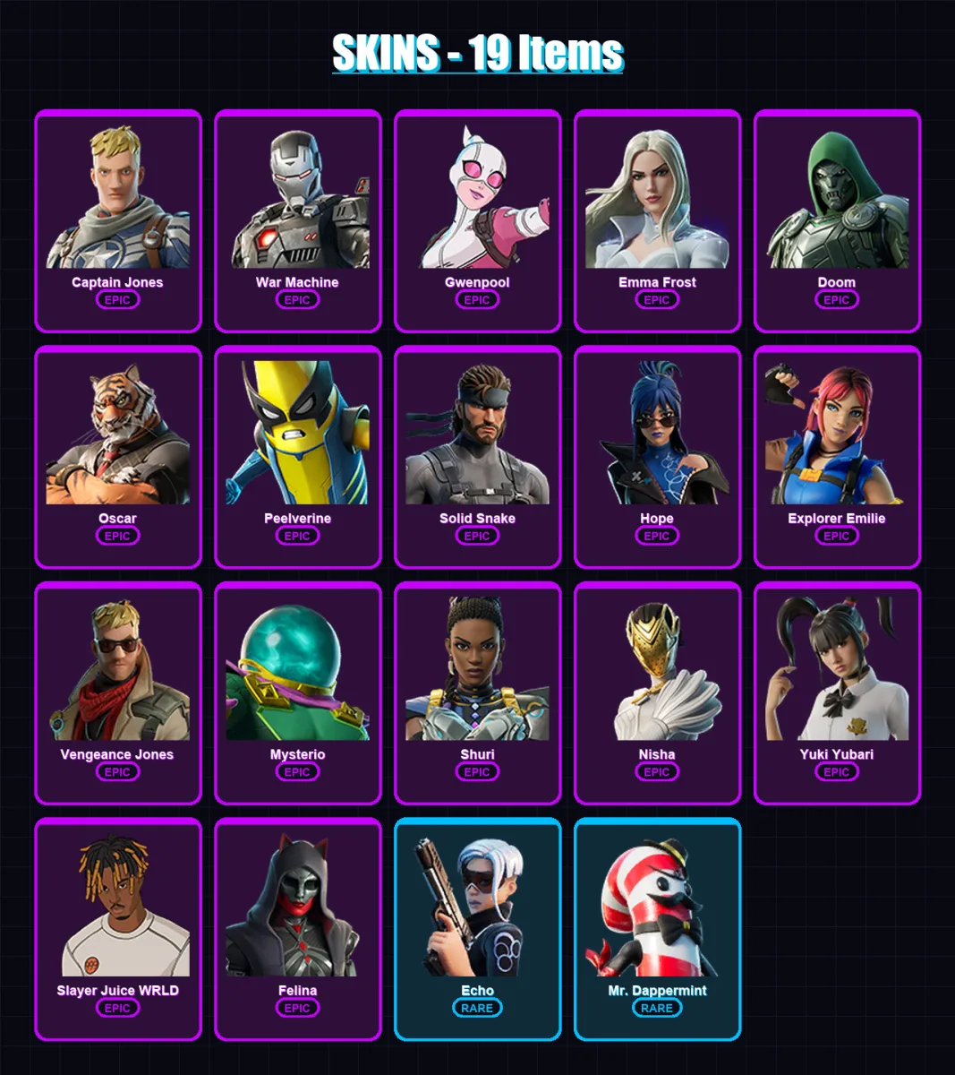 [PS4/PS5/XBOX/PC] | Captain Jones | War Machine | Gwenpool | Emma Frost | Doom | 19 skin | 29 pickaxe | 21 emote | 20 glider | Lv405