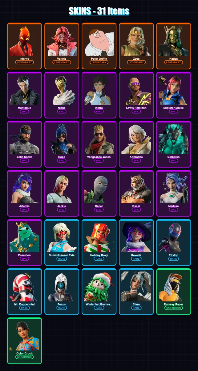 [PC/XBOX] | Inferno | Valeria | Peter Griffin | Zeus | Hades | 31 skin | 36 pickaxe | 26 emote | 20 glider | Lv493