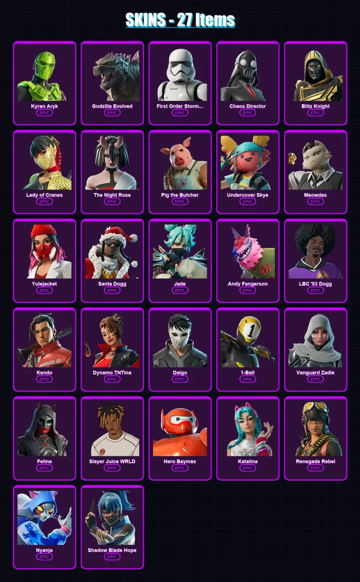 [PC] | Kyran Aryk | Godzilla Evolved | First Order Stormtrooper | Chaos Director | Blitz Knight | 27 skin | 72 pickaxe | 38 emote | 41 glider | Lv53