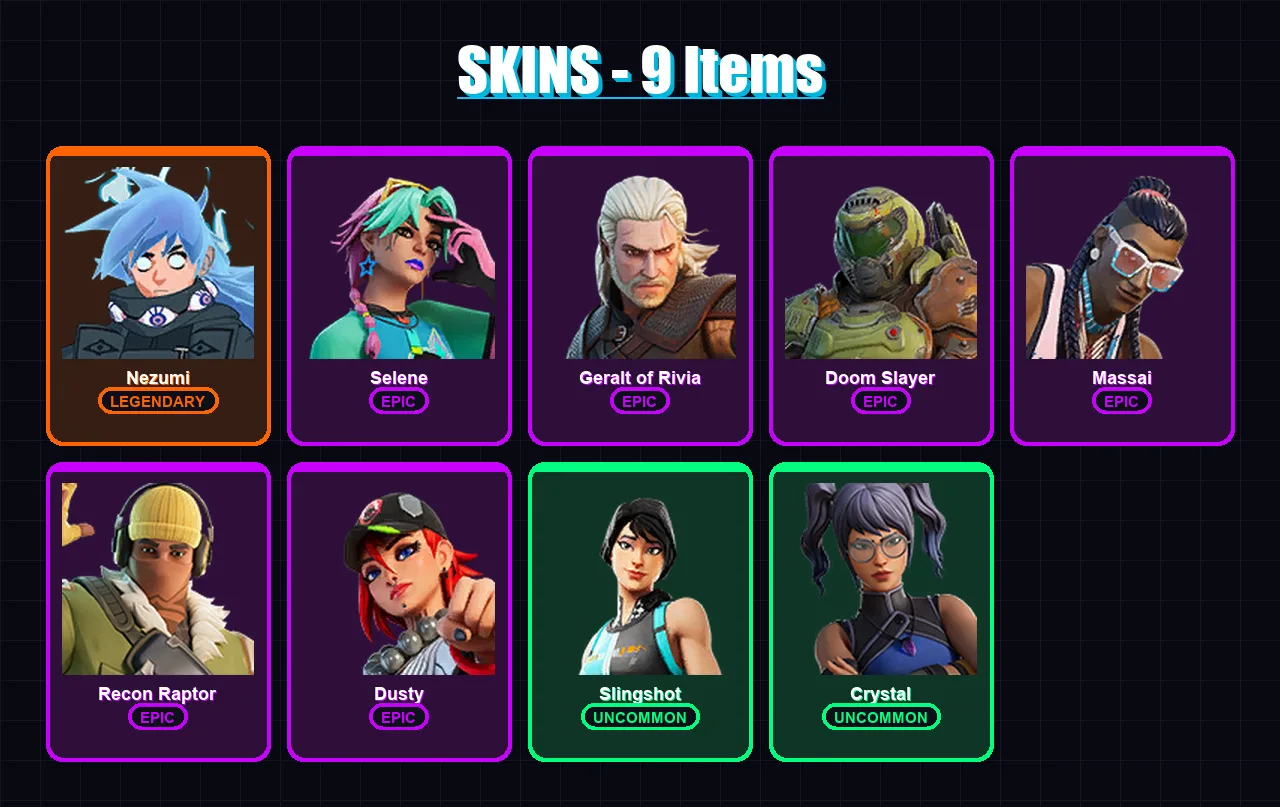 [PC/XBOX/PSN] | Nezumi | Selene | Geralt of Rivia | Doom Slayer | Massai | 9 skin | 11 pickaxe | 6 emote | 7 glider | Lv72