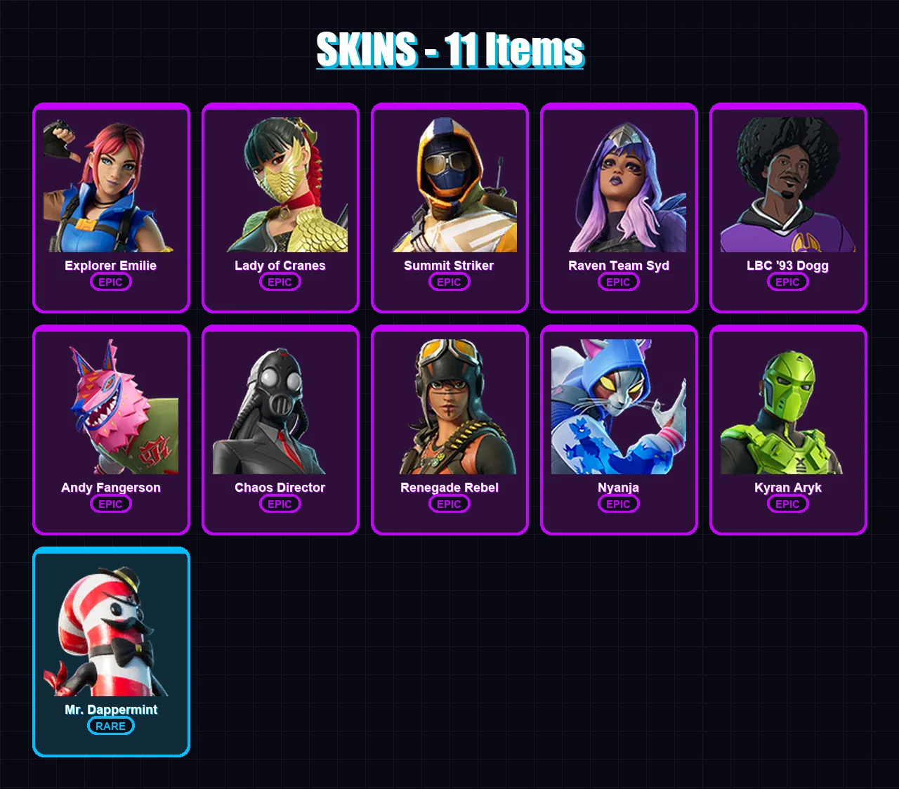 [PC/XBOX/PSN] | Explorer Emilie | Lady of Cranes | Summit Striker | Raven Team Syd | LBC '93 Dogg | 11 skin | 4 pickaxe | 3 emote | 1 glider | Lv9