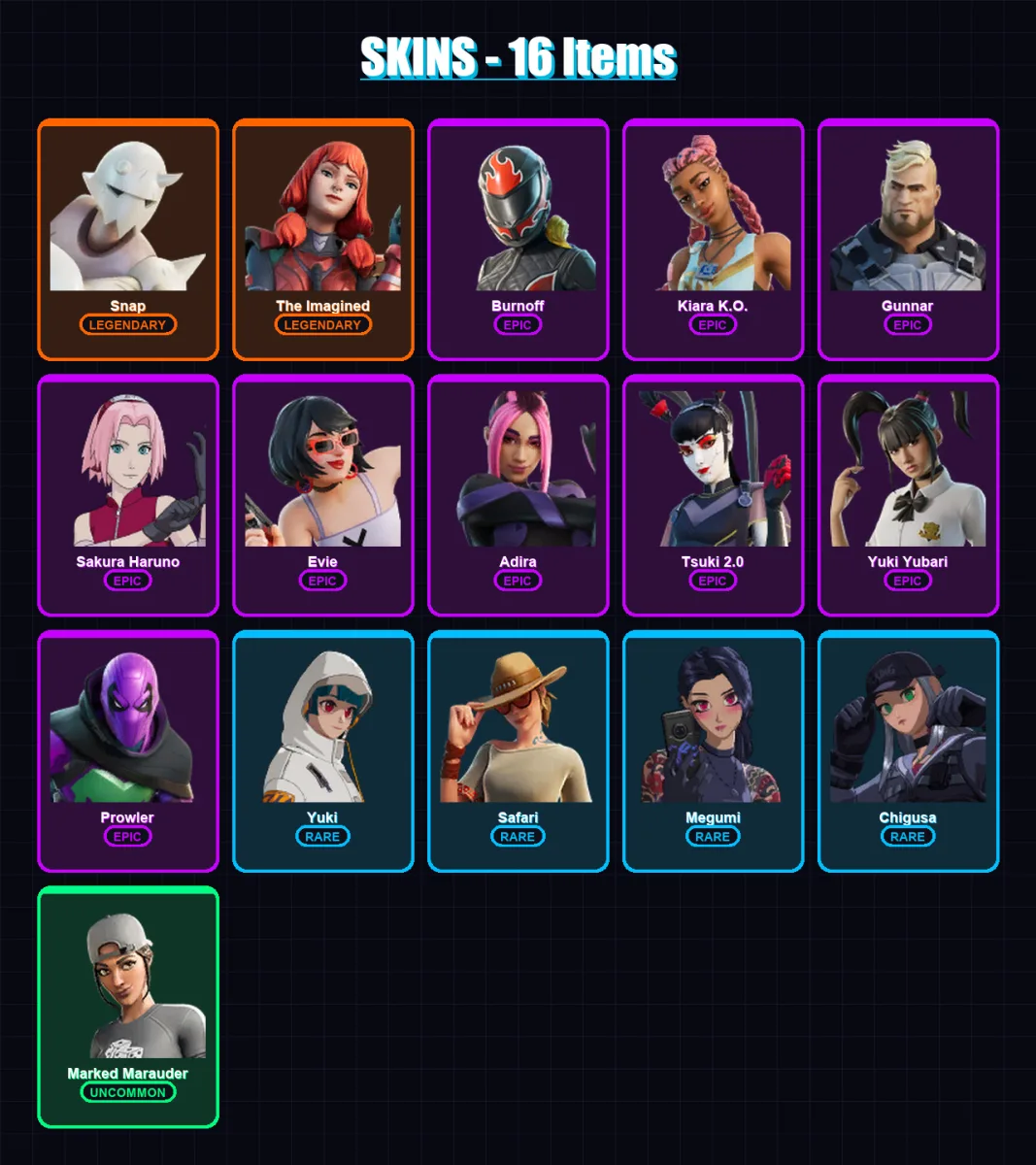 [PC/XBOX/PSN] | Snap | The Imagined | Burnoff | Kiara K.O. | Gunnar | 16 skin | 15 pickaxe | 11 emote | 14 glider | Lv156 — Fortnite account