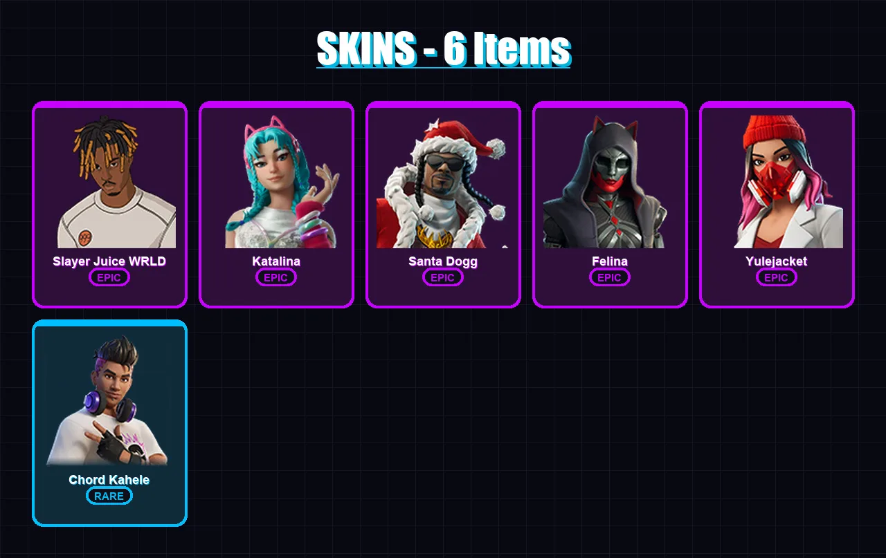 [PC/XBOX/PSN] | Slayer Juice WRLD | Katalina | Santa Dogg | Felina | Yulejacket | 6 skin | 30 pickaxe | 13 emote | 16 glider | Lv158