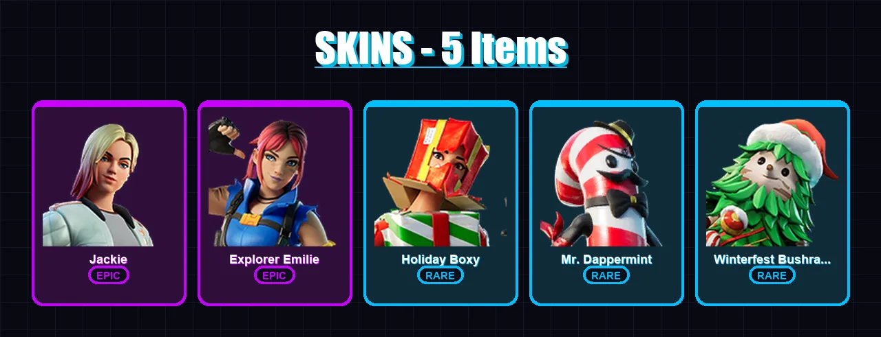 [PC/PSN] | Jackie | Explorer Emilie | Holiday Boxy | Mr. Dappermint | Winterfest Bushranger | 5 skin | 3 pickaxe | 3 emote | 6 glider | Lv57