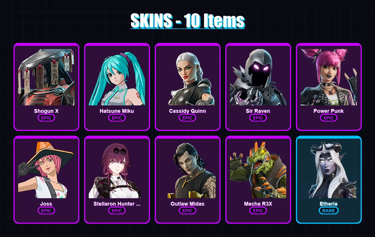 [PC/PSN] | Shogun X | Hatsune Miku | Cassidy Quinn | Sir Raven | Power Punk | 10 skin | 30 pickaxe | 17 emote | 20 glider | Lv145
