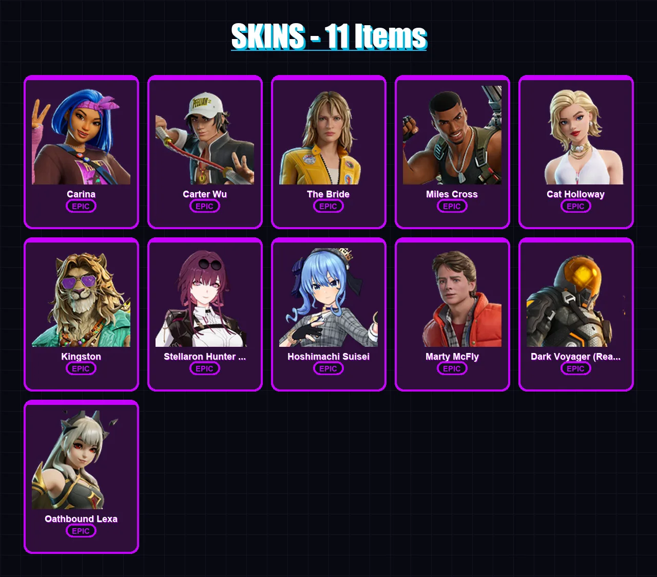 [PC/XBOX/PSN] | Carina | Carter Wu | The Bride | Miles Cross | Cat Holloway | 11 skin | 17 pickaxe | 24 emote | 17 glider | Lv194