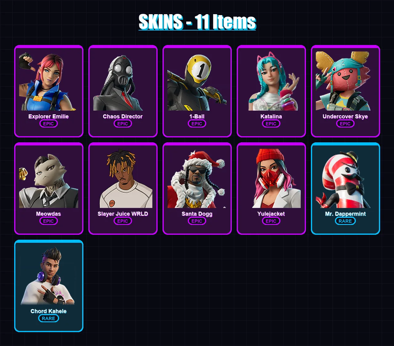 [PC/PSN] | Explorer Emilie | Chaos Director | 1-Ball | Katalina | Undercover Skye | 11 skin | 29 pickaxe | 13 emote | 16 glider | Lv200