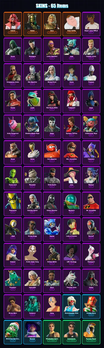 [PC/XBOX/PSN] | Valeria | Hades | Zeus | Peter Griffin | Slayer Juice WRLD | 65 skin | 91 pickaxe | 62 emote | 54 glider | Lv1040