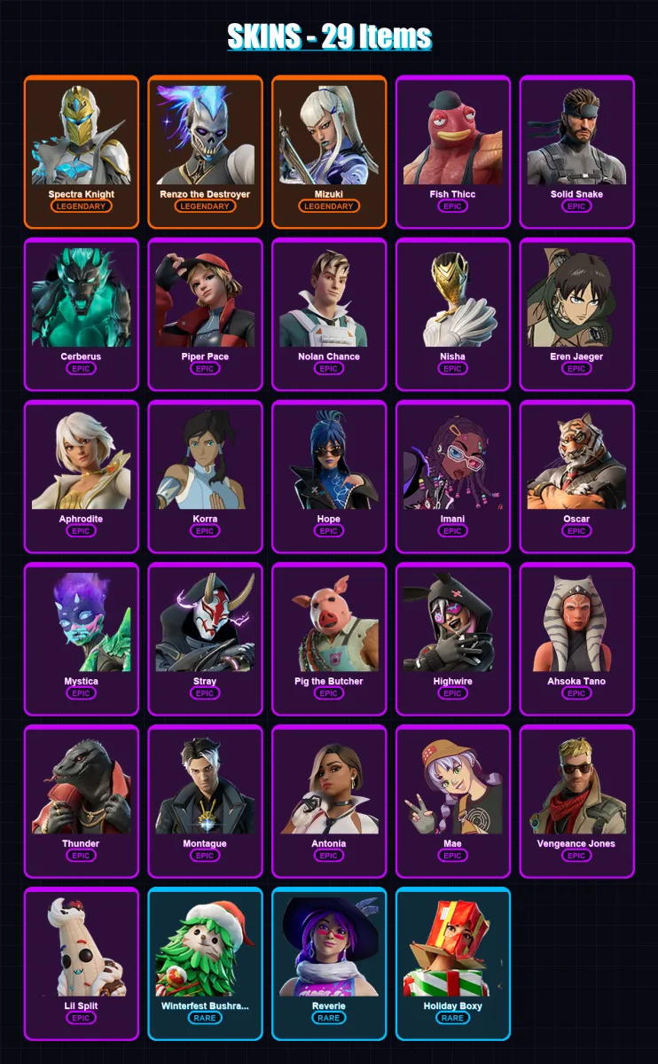 [PC/PSN] | Spectra Knight | Renzo the Destroyer | Mizuki | Fish Thicc | Solid Snake | 29 skin | 47 pickaxe | 35 emote | 42 glider | Lv449