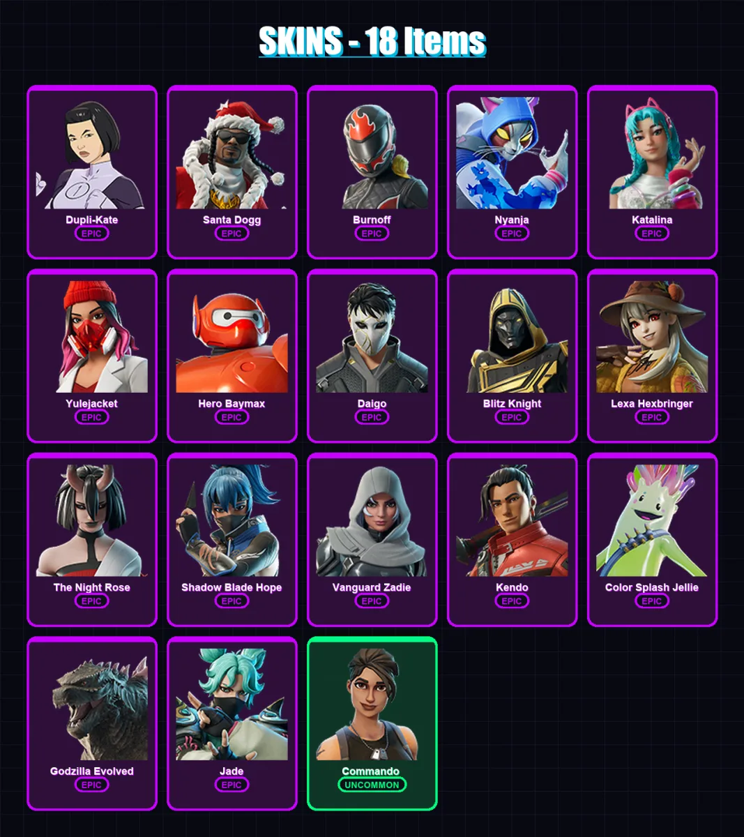 [PC/XBOX] | Dupli-Kate | Santa Dogg | Burnoff | Nyanja | Katalina | 18 skin | 47 pickaxe | 24 emote | 31 glider | Lv369
