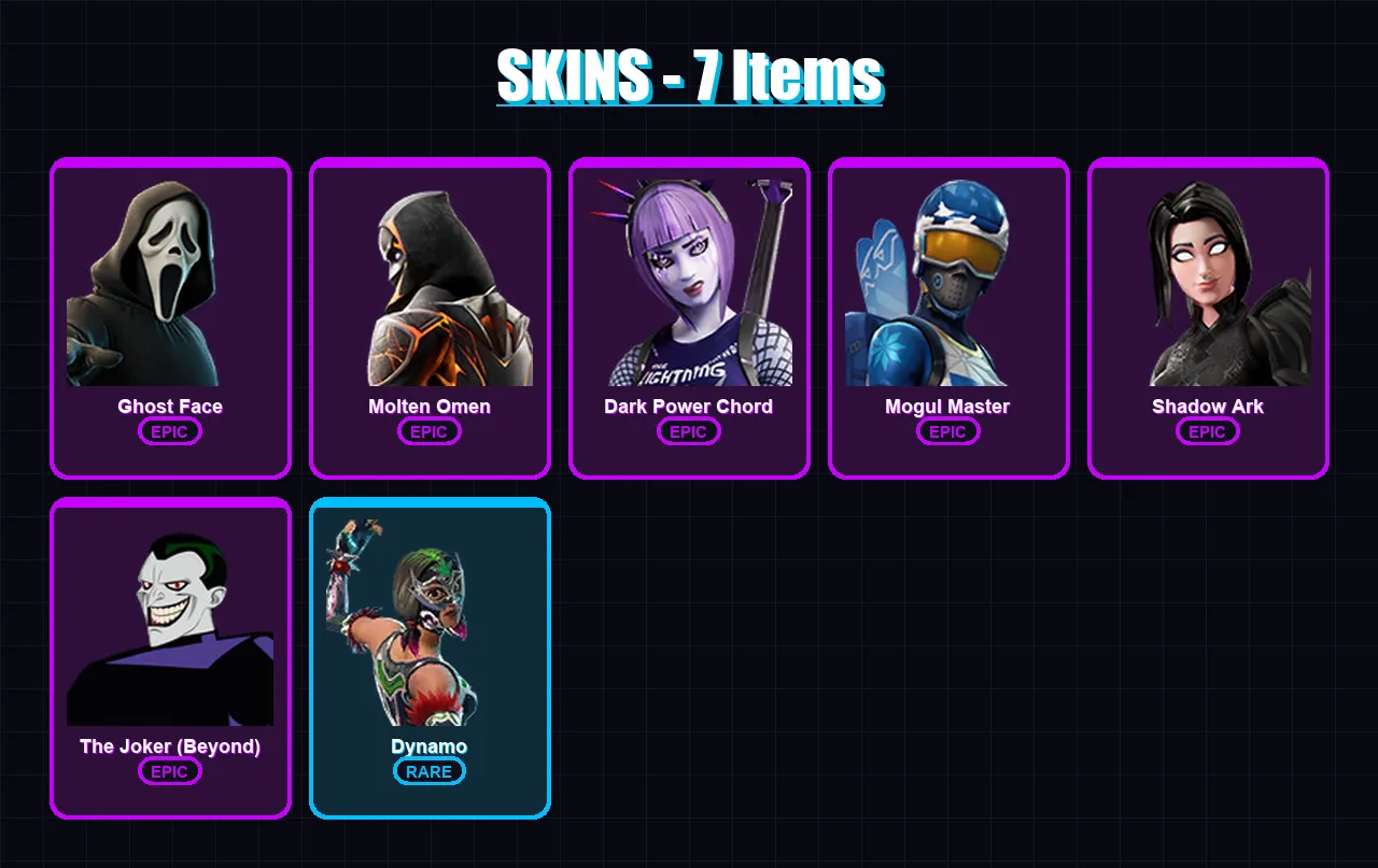 [PC/XBOX/PSN] | Ghost Face | Molten Omen | Dark Power Chord | Mogul Master | Shadow Ark | 7 skin | 17 pickaxe | 10 emote | 9 glider | Lv338