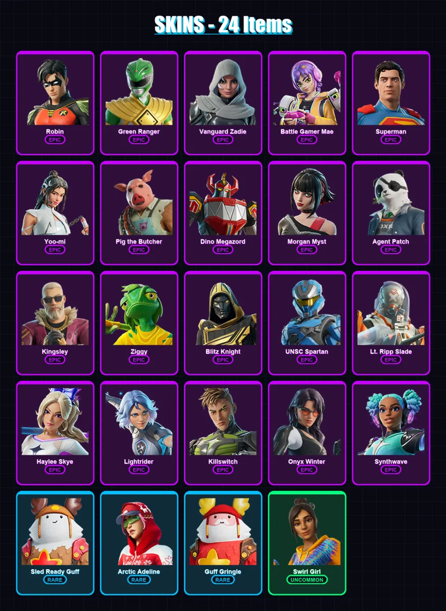 [PS4/PS5/XBOX/PC] | Robin | Green Ranger | Vanguard Zadie | Battle Gamer Mae | Superman | 24 skin | 60 pickaxe | 33 emote | 42 glider | Lv474