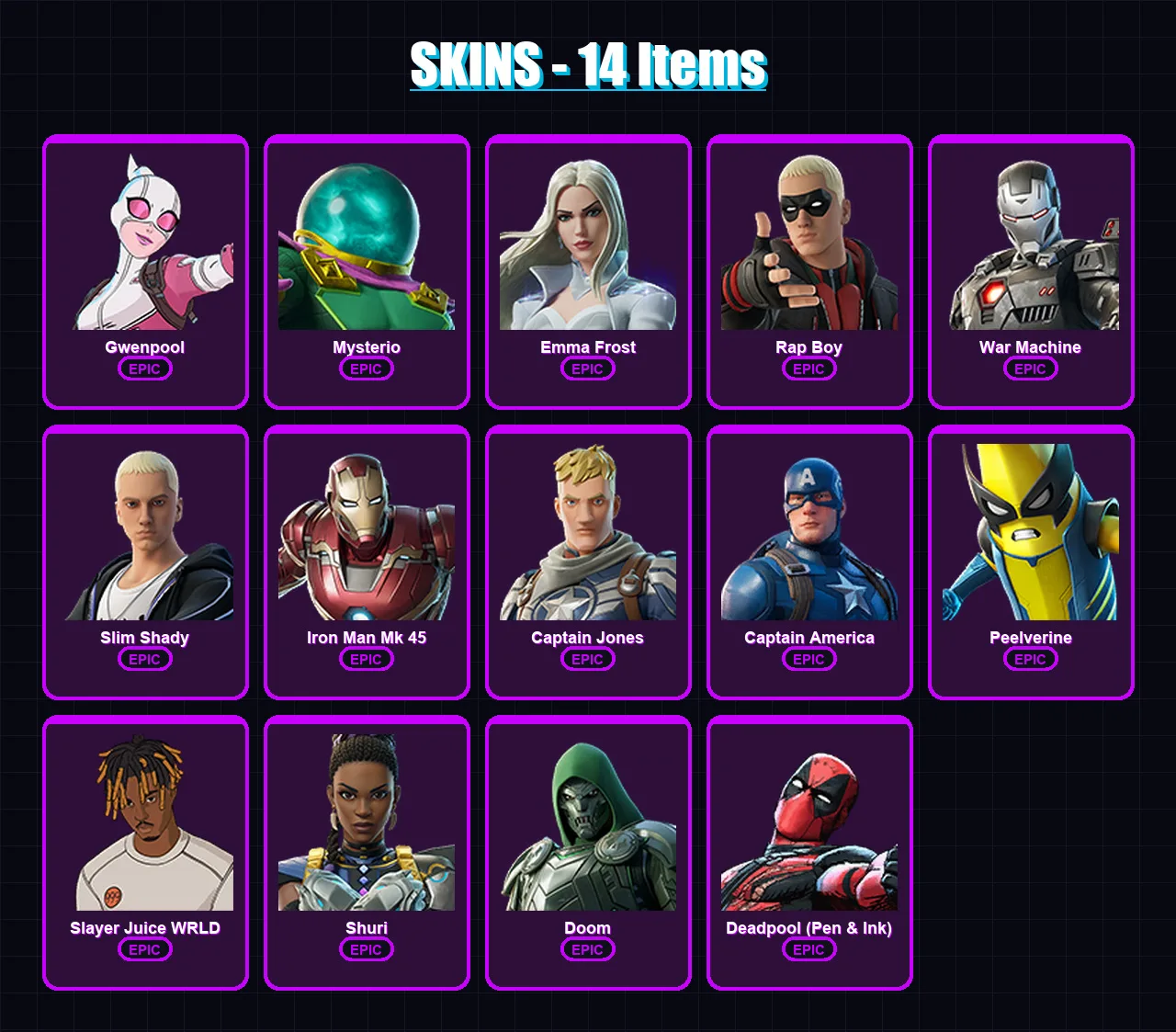[PC/XBOX/PSN] | Gwenpool | Mysterio | Emma Frost | Rap Boy | War Machine | 14 skin | 19 pickaxe | 10 emote | 13 glider | Lv127 — Fortnite account