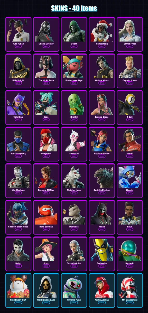 [PC/XBOX] | Yuki Yubari | Chaos Director | Doom | Santa Dogg | Emma Frost | 40 skin | 91 pickaxe | 47 emote | 64 glider | Lv1164