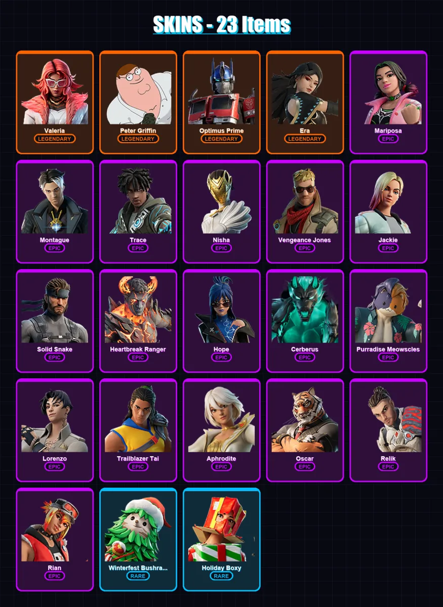 [PC/XBOX/PSN] | Valeria | Peter Griffin | Optimus Prime | Era | Mariposa | 23 skin | 24 pickaxe | 21 emote | 25 glider | Lv392