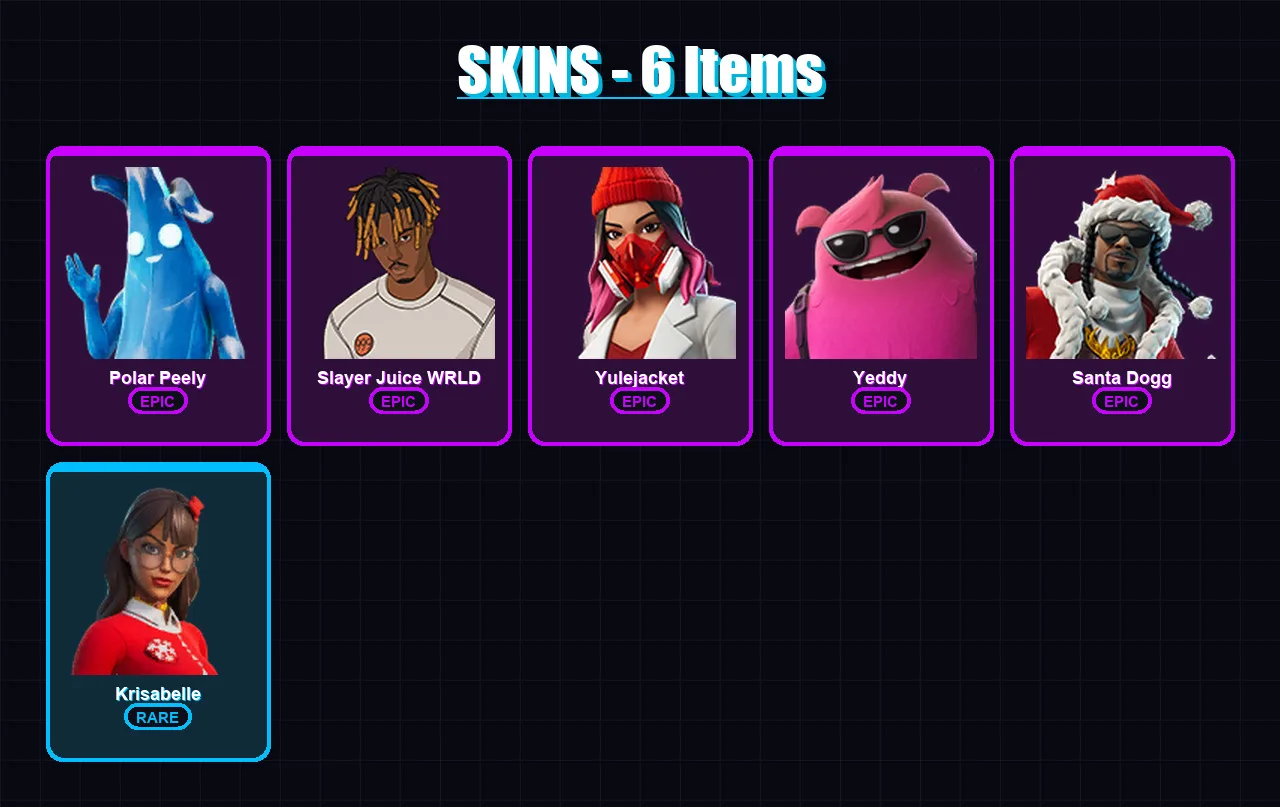 [PC/XBOX] | Polar Peely | Slayer Juice WRLD | Yulejacket | Yeddy | Santa Dogg | 6 skin | 20 pickaxe | 13 emote | 11 glider | Lv164