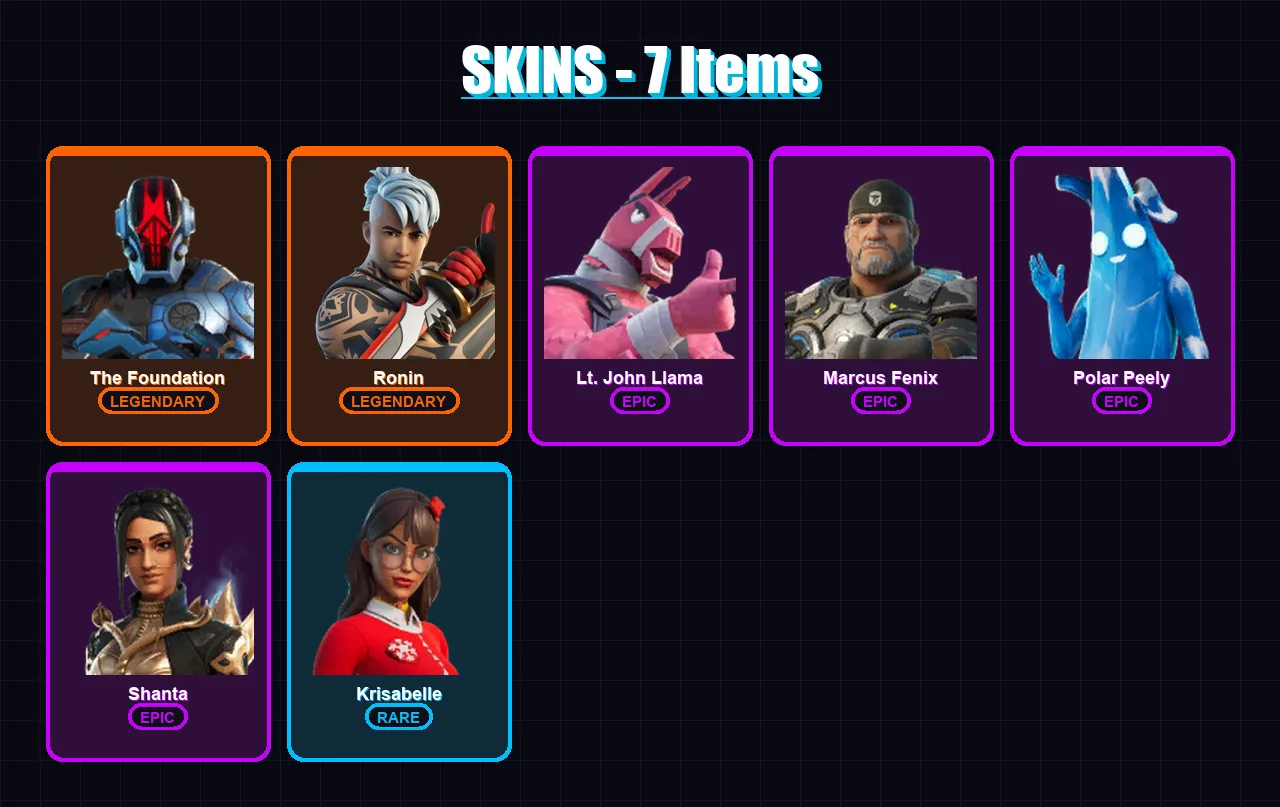[PC/XBOX/PSN] | The Foundation | Ronin | Lt. John Llama | Marcus Fenix | Polar Peely | 7 skin | 14 pickaxe | 11 emote | 17 glider | Lv241