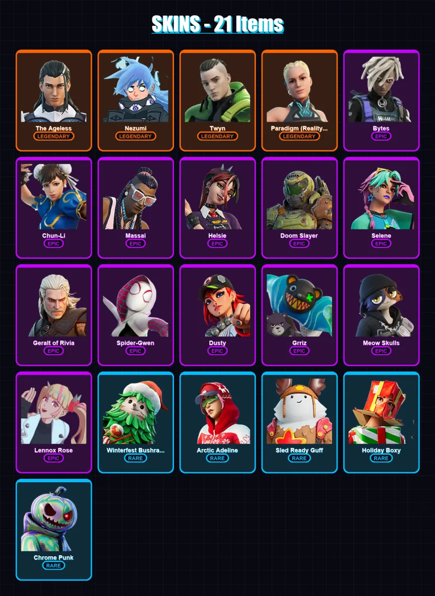 [PC/PSN] | The Ageless | Nezumi | Twyn | Paradigm (Reality-659) | Bytes | 21 skin | 24 pickaxe | 21 emote | 23 glider | Lv261