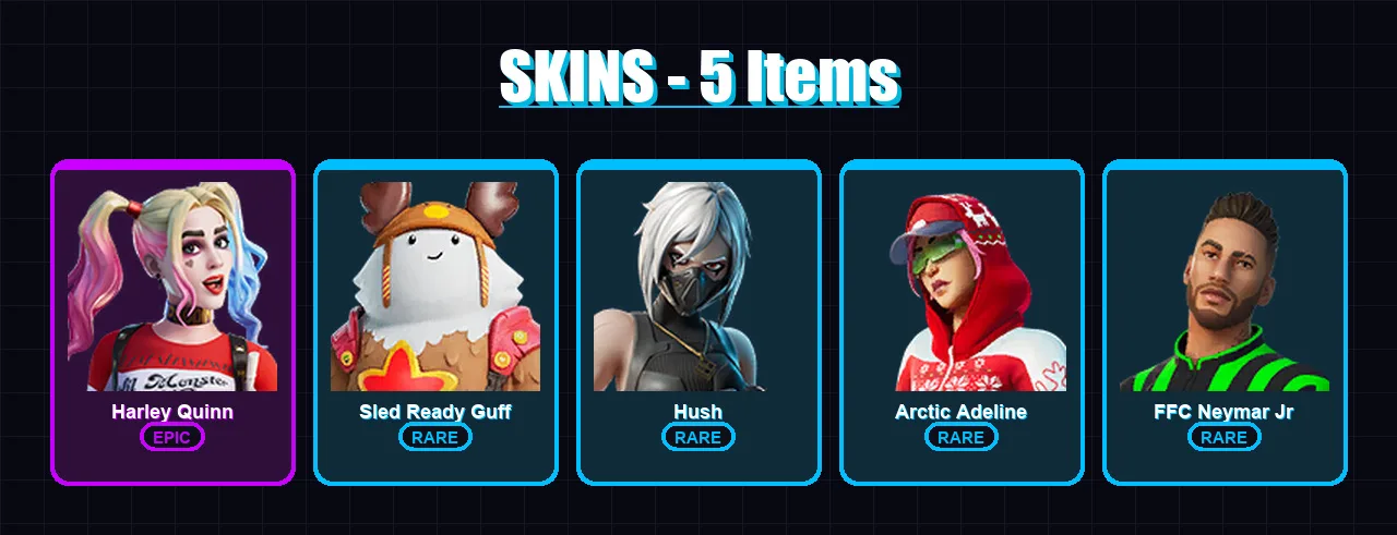 [PS4/PS5/XBOX/PC] | Harley Quinn | Sled Ready Guff | Hush | Arctic Adeline | FFC Neymar Jr | 5 skin | 7 pickaxe | 7 emote | 12 glider | Lv122