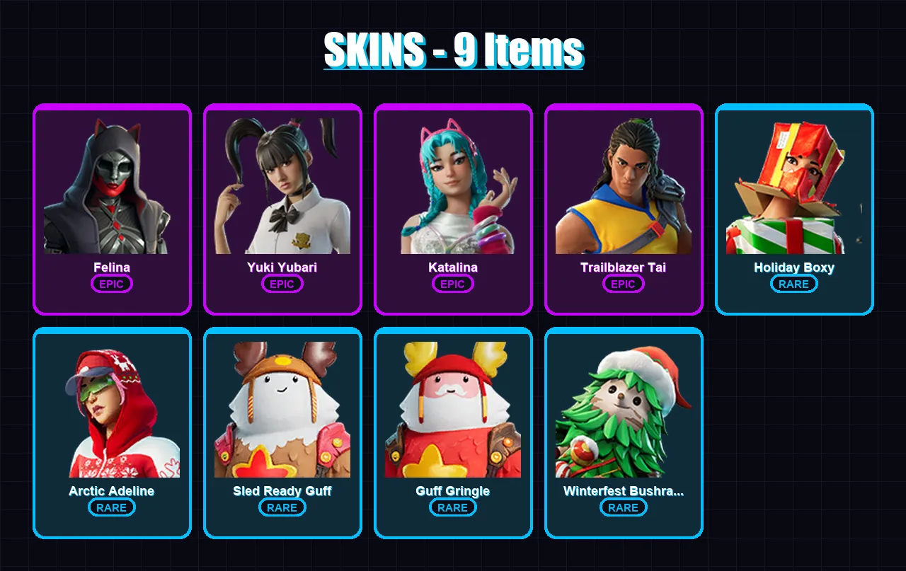 [PC/XBOX/PSN] | Felina | Yuki Yubari | Katalina | Trailblazer Tai | Holiday Boxy | 9 skin | 25 pickaxe | 15 emote | 23 glider | Lv374