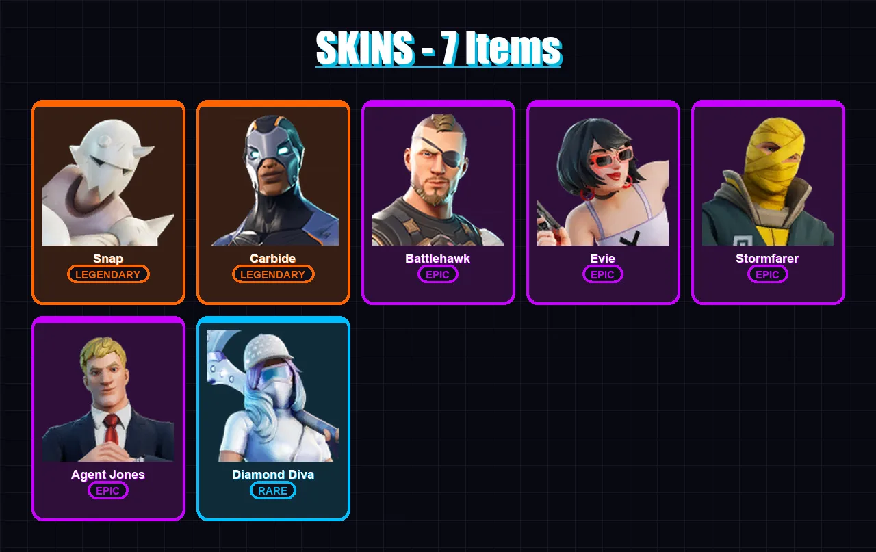 [PC/PSN] | Snap | Carbide | Battlehawk | Evie | Stormfarer | 7 skin | 10 pickaxe | 7 emote | 11 glider | Lv163