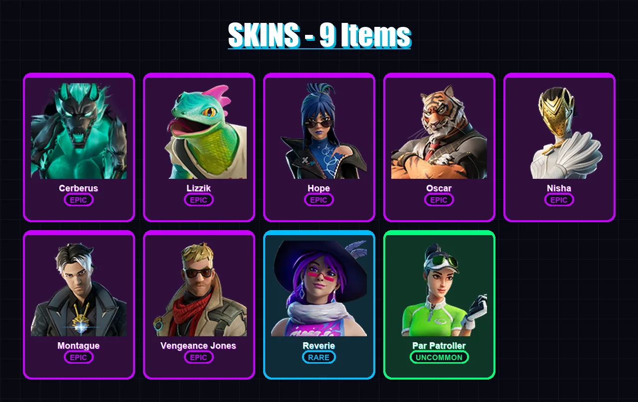 [PC/XBOX/PSN] | Cerberus | Lizzik | Hope | Oscar | Nisha | 9 skin | 16 pickaxe | 12 emote | 10 glider | Lv180