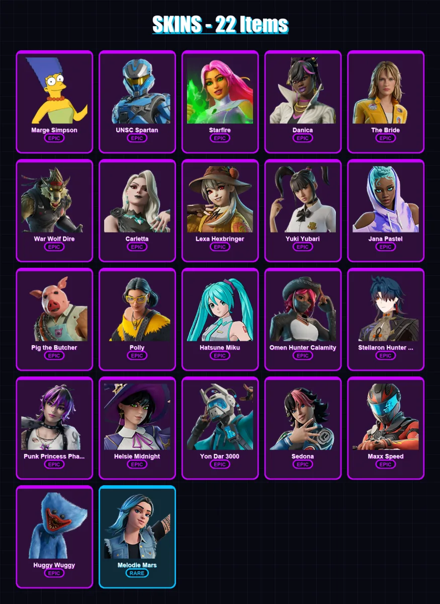 [PC/XBOX/PSN] | Marge Simpson | UNSC Spartan | Starfire | Danica | The Bride | 22 skin | 25 pickaxe | 20 emote | 12 glider | Lv136