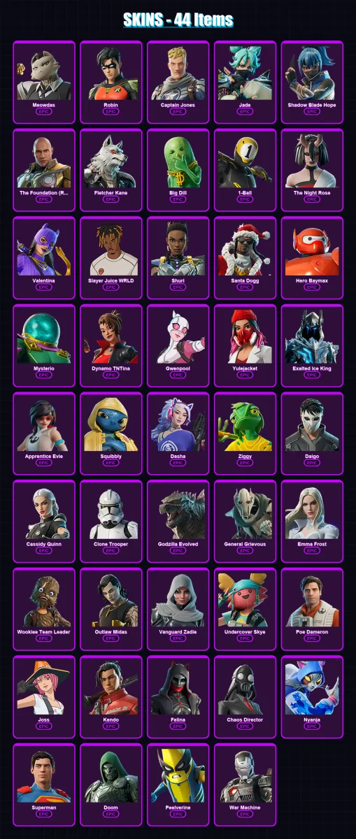 [PC/XBOX/PSN] | Meowdas | Robin | Captain Jones | Jade | Shadow Blade Hope | 44 skin | 88 pickaxe | 53 emote | 67 glider | Lv888