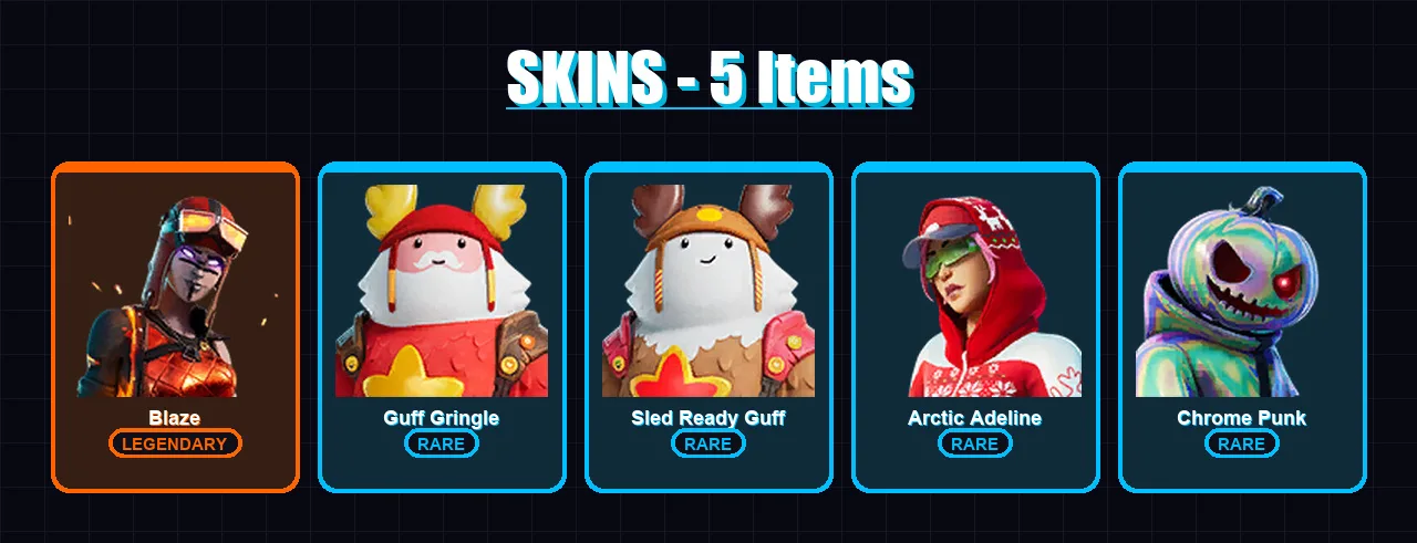 [PC/PSN] | Blaze | Guff Gringle | Sled Ready Guff | Arctic Adeline | Chrome Punk | 5 skin | 9 pickaxe | 8 emote | 14 glider | Lv151