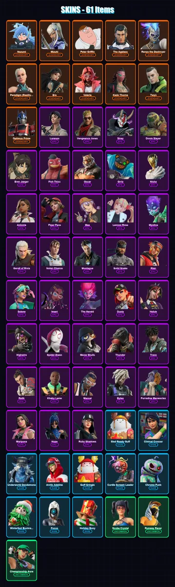 [PC/XBOX/PSN] | Nezumi | Mizuki | Peter Griffin | The Ageless | Renzo the Destroyer | 61 skin | 75 pickaxe | 78 emote | 68 glider | Lv1549 — Fortnite account