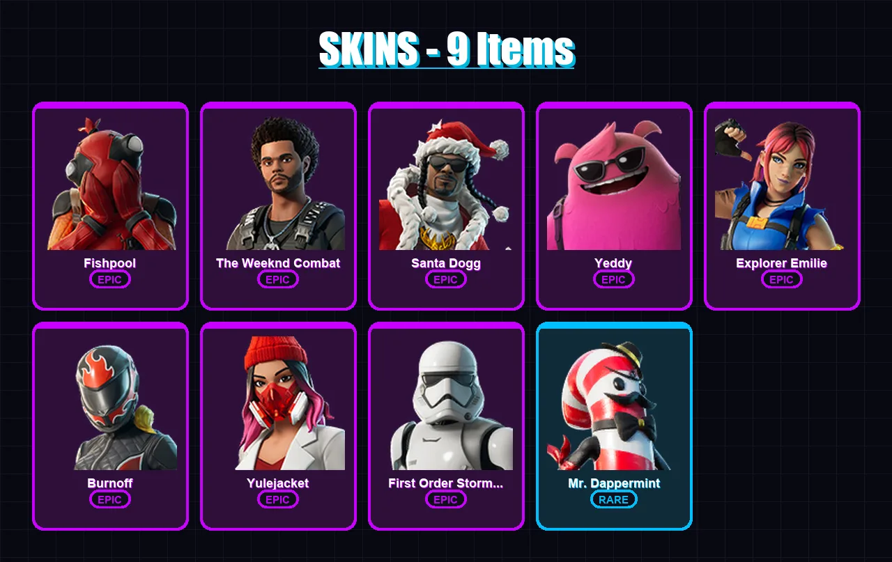 [PC/XBOX/PSN] | Fishpool | The Weeknd Combat | Santa Dogg | Yeddy | Explorer Emilie | 9 skin | 23 pickaxe | 8 emote | 17 glider | Lv169