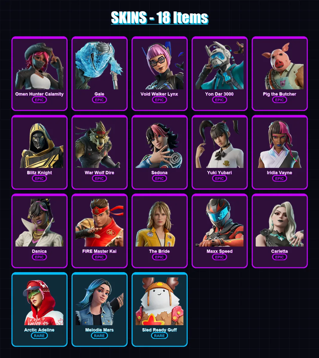 [PC] | Omen Hunter Calamity | Gale | Void Walker Lynx | Yon Dar 3000 | Pig the Butcher | 18 skin | 43 pickaxe | 23 emote | 24 glider | Lv350 — Fortnite account