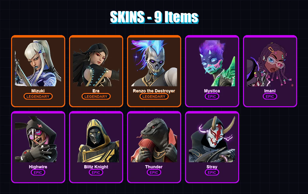 [PC/XBOX/PSN] | Mizuki | Era | Renzo the Destroyer | Mystica | Imani | 9 skin | 16 pickaxe | 11 emote | 23 glider | Lv235