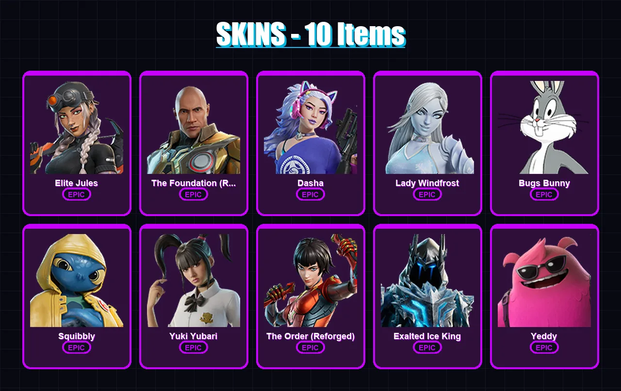 [PC/XBOX/PSN] | Elite Jules | The Foundation (Reforged) | Dasha | Lady Windfrost | Bugs Bunny | 10 skin | 27 pickaxe | 15 emote | 19 glider | Lv198