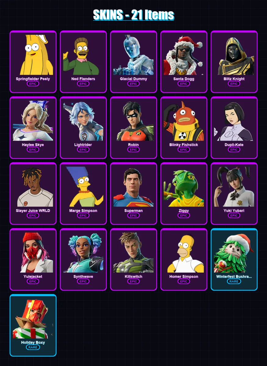 [PC/XBOX/PSN] | Springfielder Peely | Ned Flanders | Glacial Dummy | Santa Dogg | Blitz Knight | 21 skin | 68 pickaxe | 29 emote | 49 glider | Lv687