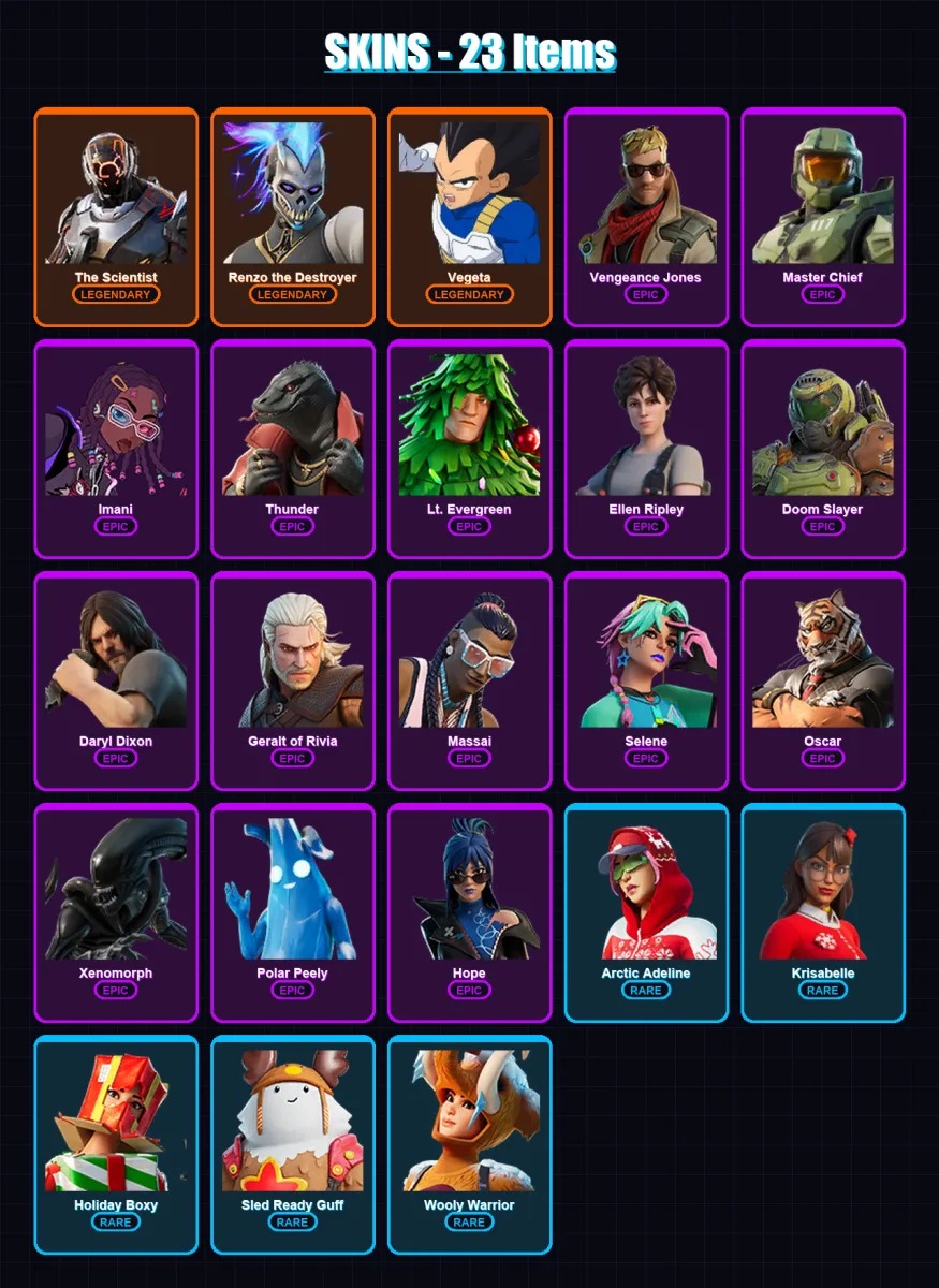 [PC/PSN] | The Scientist | Renzo the Destroyer | Vegeta | Vengeance Jones | Master Chief | 23 skin | 41 pickaxe | 60 emote | 50 glider | Lv623
