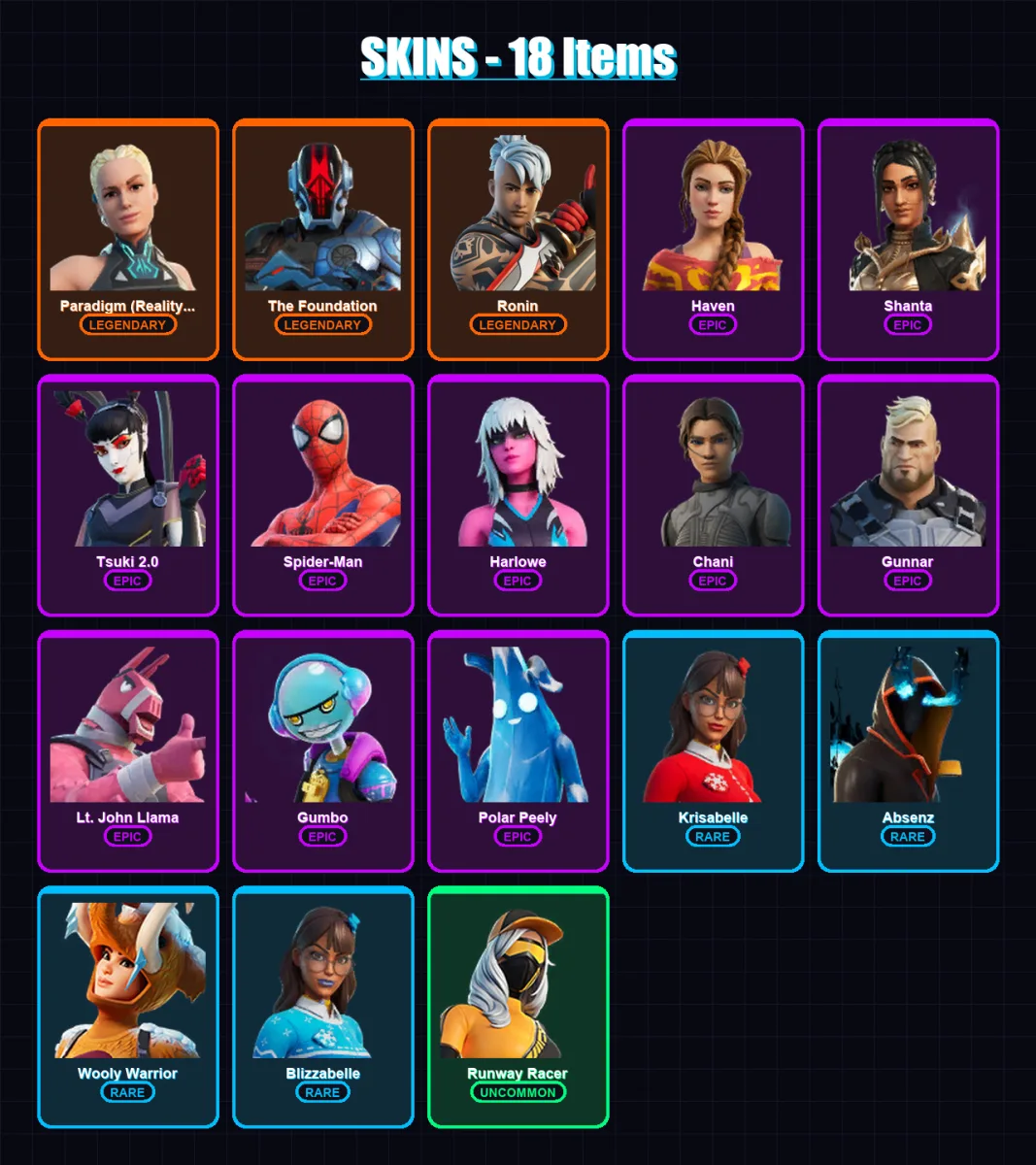 [PC/XBOX/PSN] | Paradigm (Reality-659) | The Foundation | Ronin | Haven | Shanta | 18 skin | 59 pickaxe | 40 emote | 55 glider | Lv1086