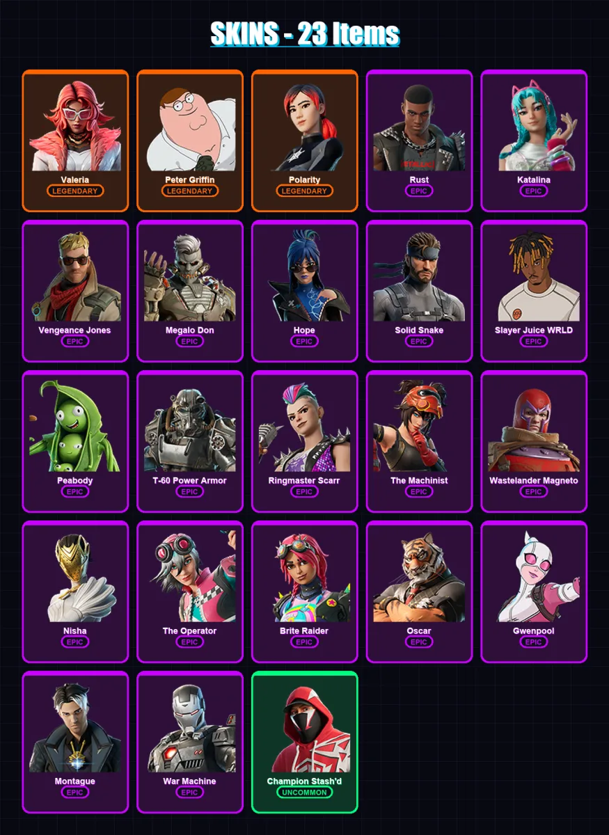 [PC/XBOX/PSN] | Valeria | Peter Griffin | Polarity | Rust | Katalina | 23 skin | 47 pickaxe | 30 emote | 36 glider | Lv514