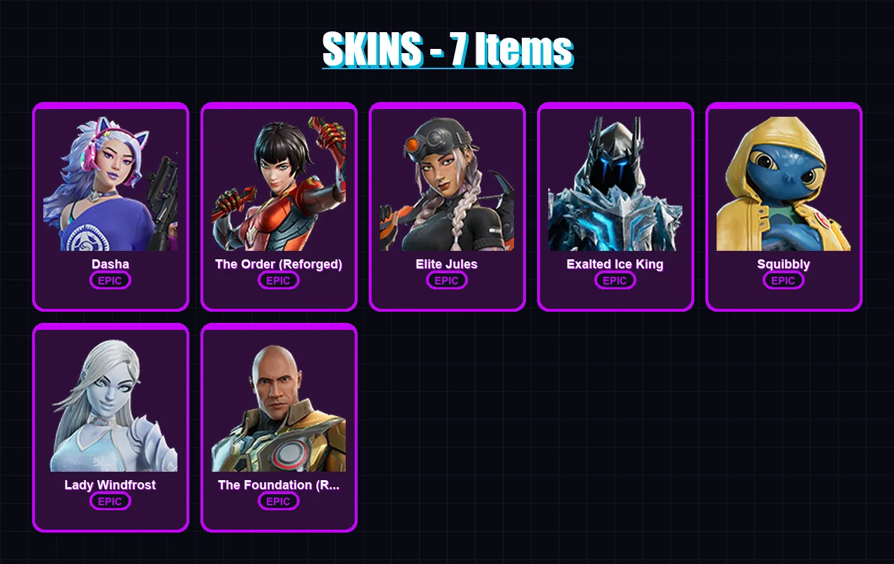 [PC/XBOX/PSN] | Dasha | The Order (Reforged) | Elite Jules | Exalted Ice King | Squibbly | 7 skin | 27 pickaxe | 12 emote | 16 glider | Lv211