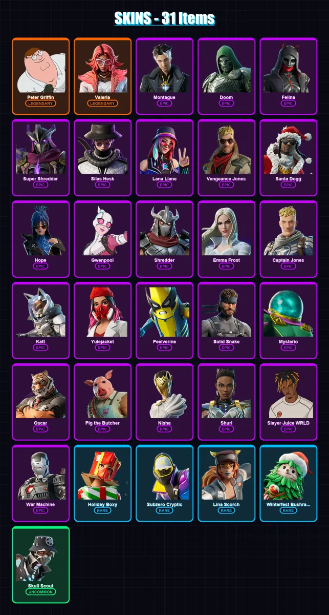 [PC/XBOX/PSN] | Peter Griffin | Valeria | Montague | Doom | Felina | 31 skin | 79 pickaxe | 50 emote | 45 glider | Lv829 — Fortnite account
