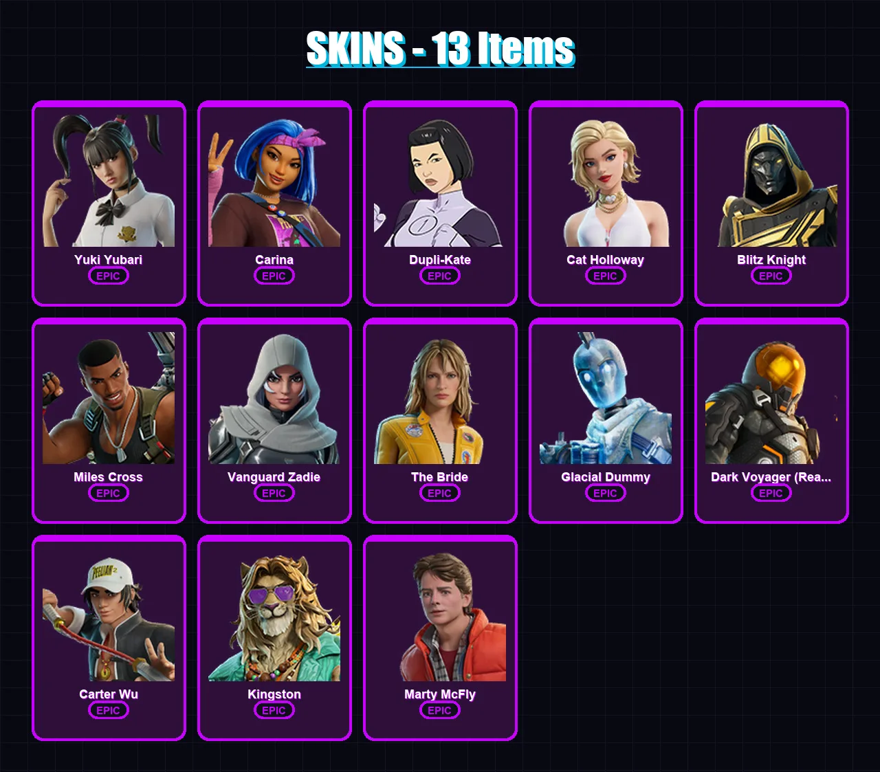 [PC/PSN] | Yuki Yubari | Carina | Dupli-Kate | Cat Holloway | Blitz Knight | 13 skin | 63 pickaxe | 37 emote | 41 glider | Lv937