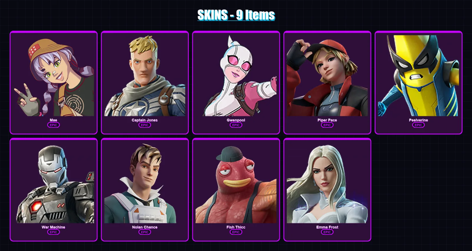 [PC/XBOX/PSN] | Mae | Captain Jones | Gwenpool | Piper Pace | Peelverine | 9 skin | 12 pickaxe | 12 emote | 12 glider | Lv135