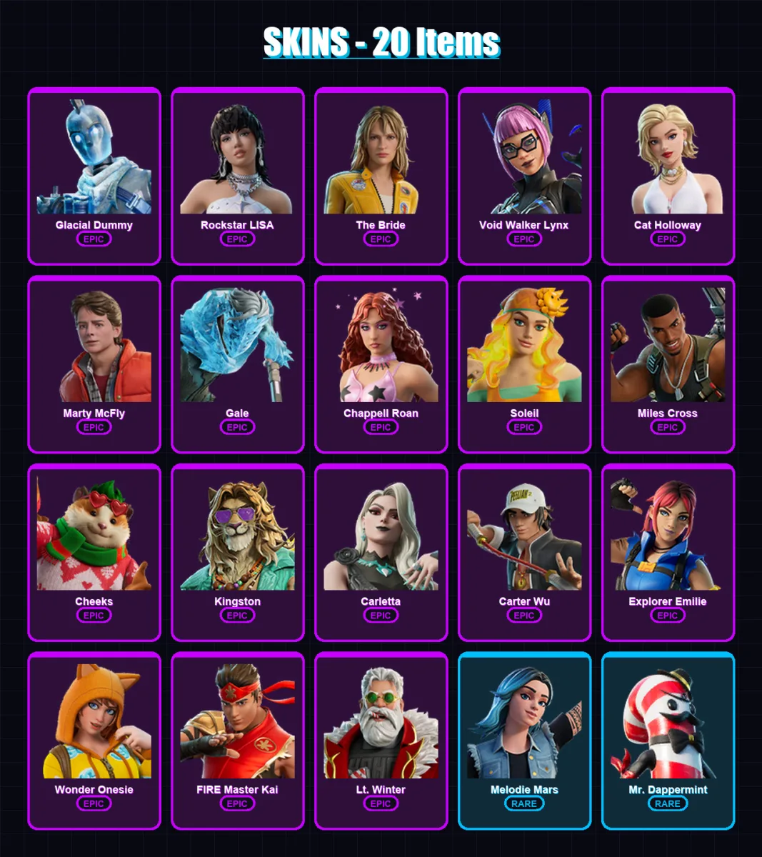 [PC/XBOX/PSN] | Glacial Dummy | Rockstar LISA | The Bride | Void Walker Lynx | Cat Holloway | 20 skin | 23 pickaxe | 15 emote | 12 glider | Lv70 — Fortnite account
