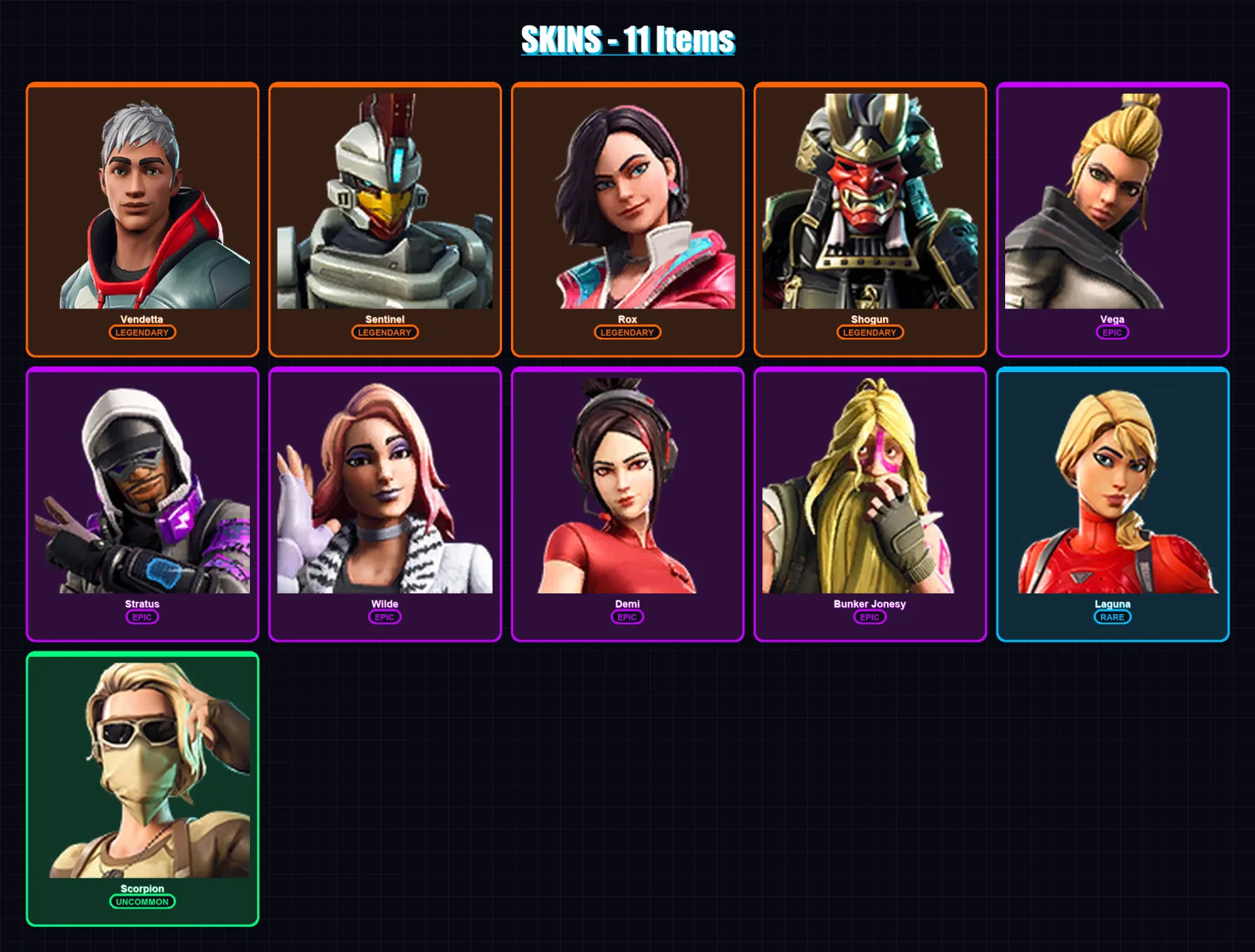 [PC/XBOX] | Vendetta | Sentinel | Rox | Shogun | Vega | 11 skin | 11 pickaxe | 23 emote | 11 glider | Lv142