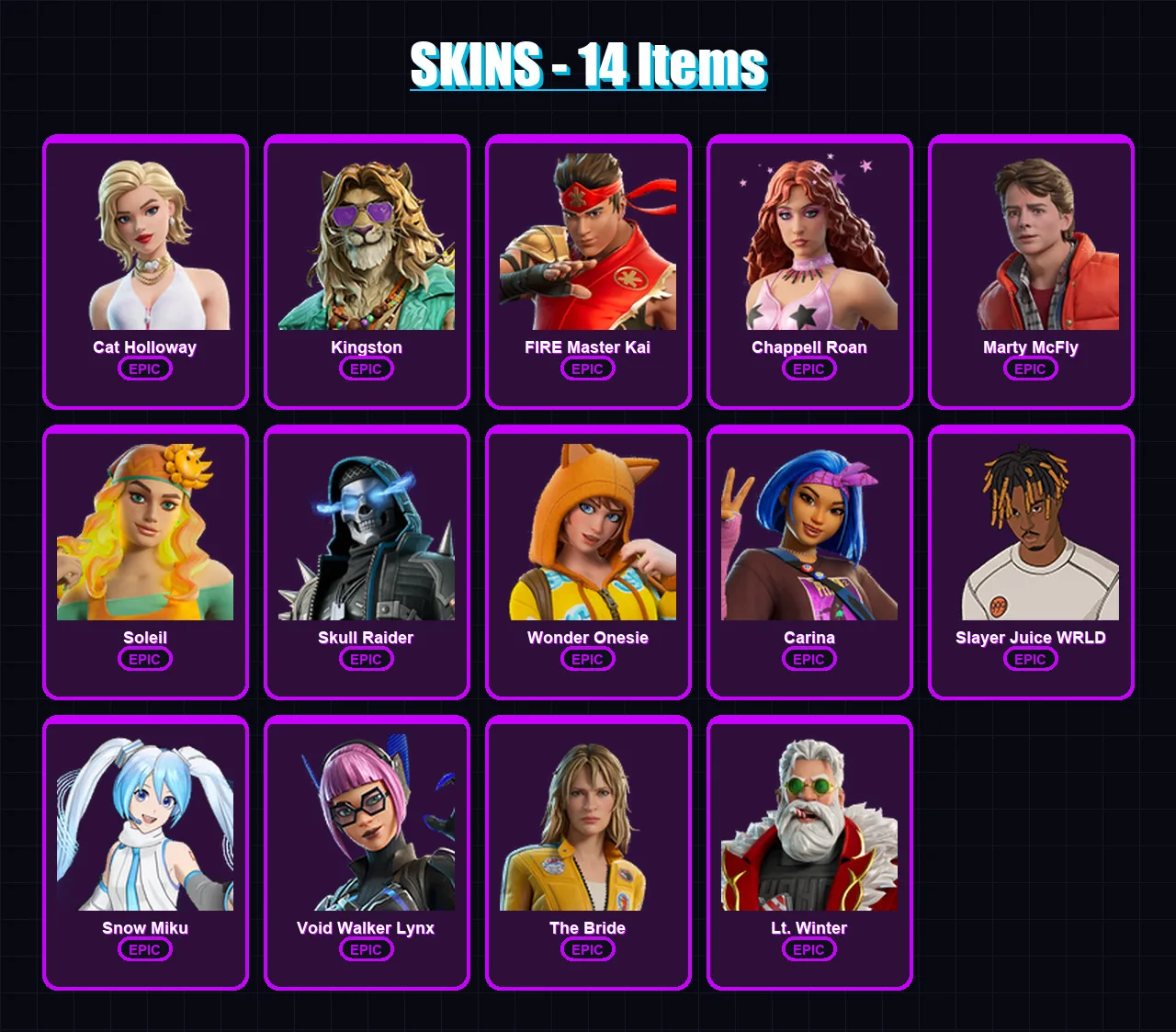 [PC/PSN] | Cat Holloway | Kingston | FIRE Master Kai | Chappell Roan | Marty McFly | 14 skin | 22 pickaxe | 16 emote | 20 glider | Lv148
